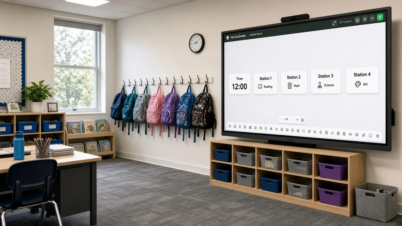 Classroom screen tools used as a station-rotation agenda with a twelve-minute timer
