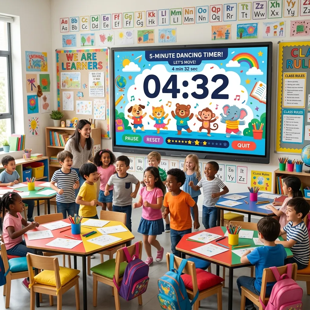 Fun digital 5-minute timer on smartboard for no prep brain breaks