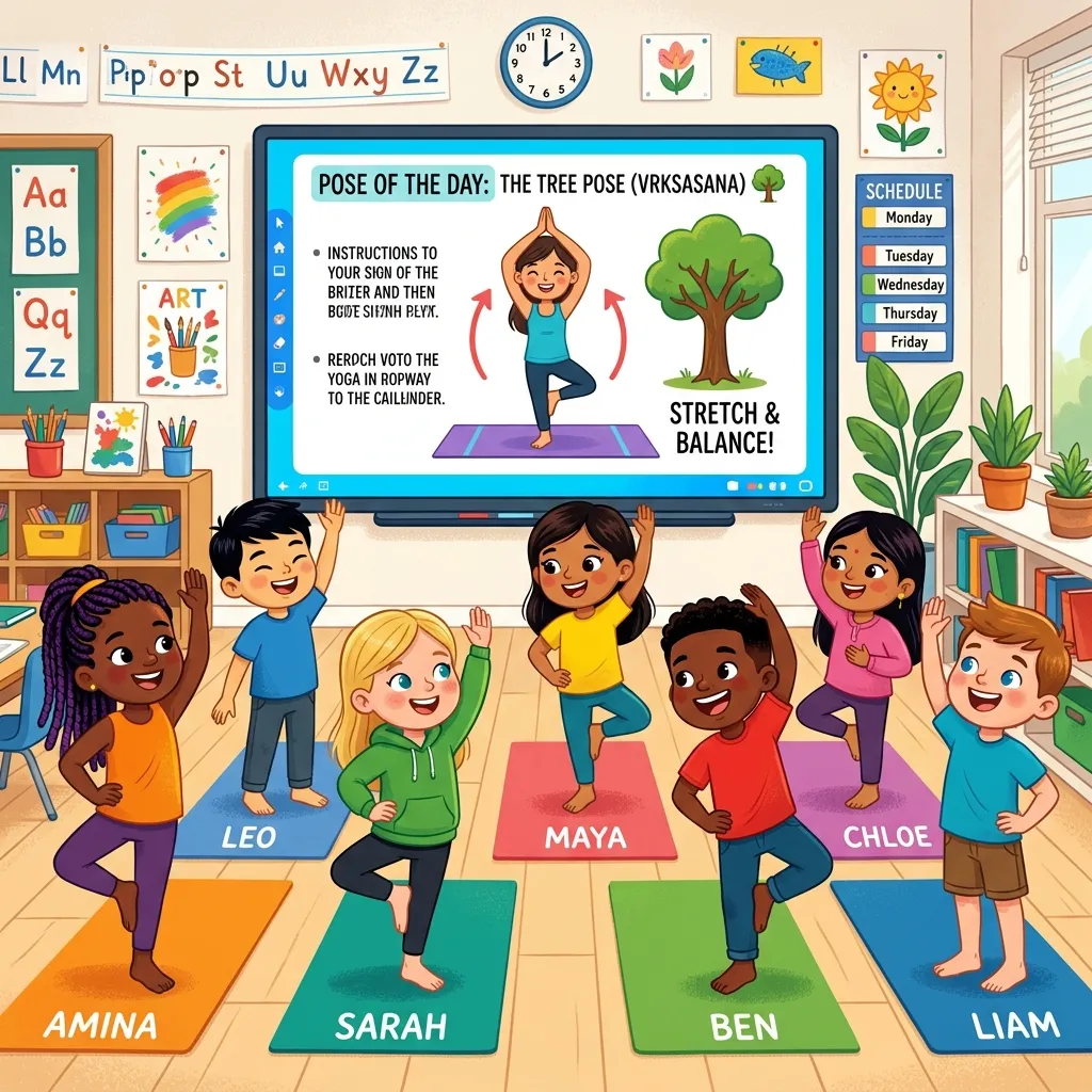 Diverse students doing stretching exercises in front of whiteboard