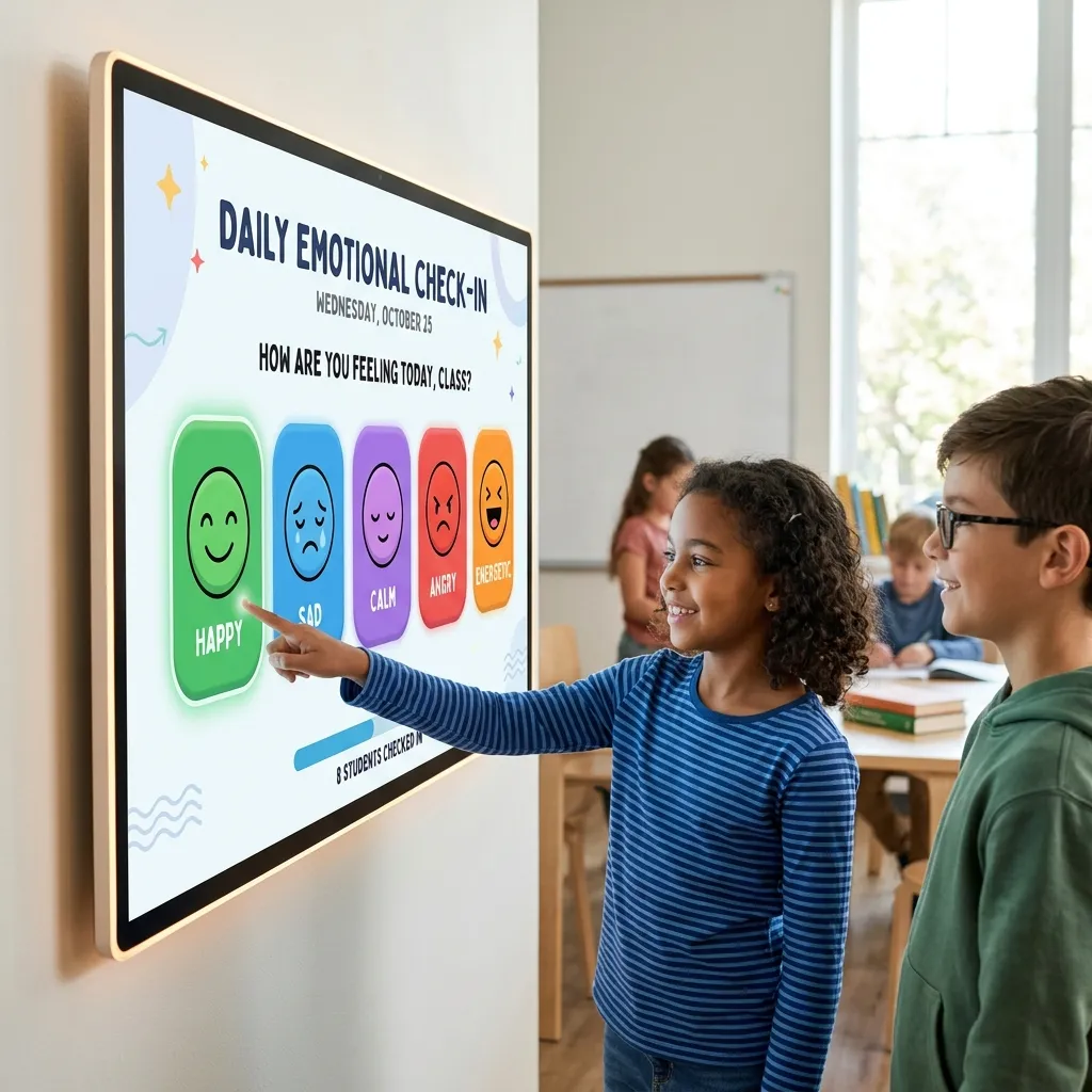 Daily emotional check-in dashboard on an SEL classroom screen