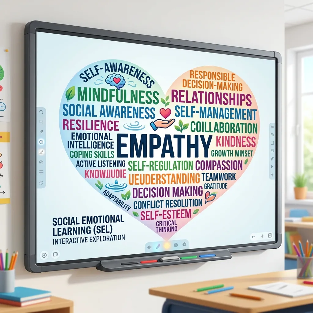 Heart-shaped word cloud of SEL terms on interactive whiteboard
