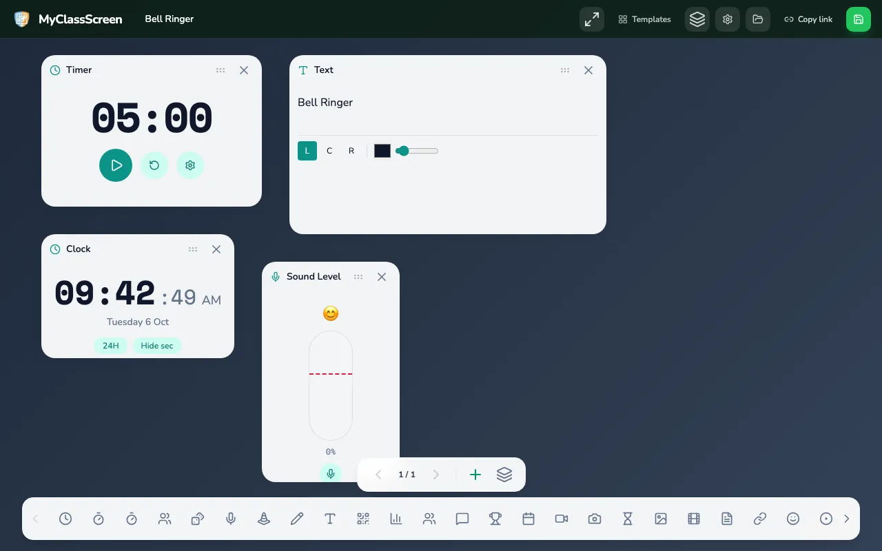 Bell Ringer template with writing prompt, timer, clock, and noise meter.