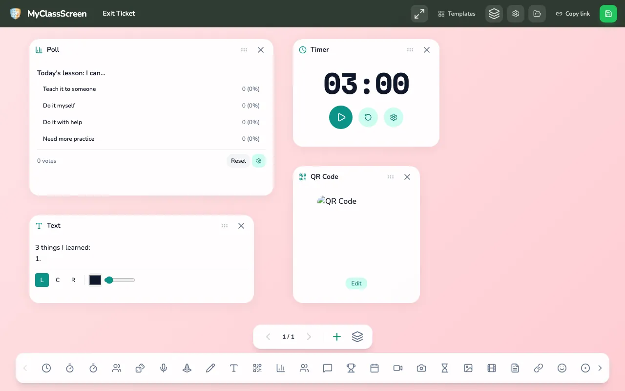 Exit Ticket template with self-rating poll, three-minute timer, QR widget, and written prompt.