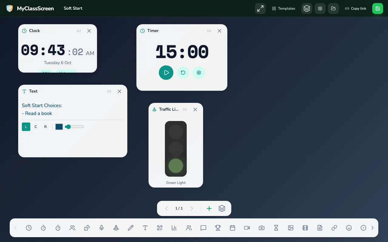 Soft Start template with calm morning choices, timer, and traffic light.