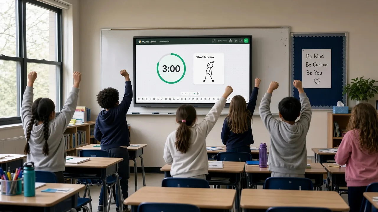 Classroom screen templates for a brain break with a three-minute timer