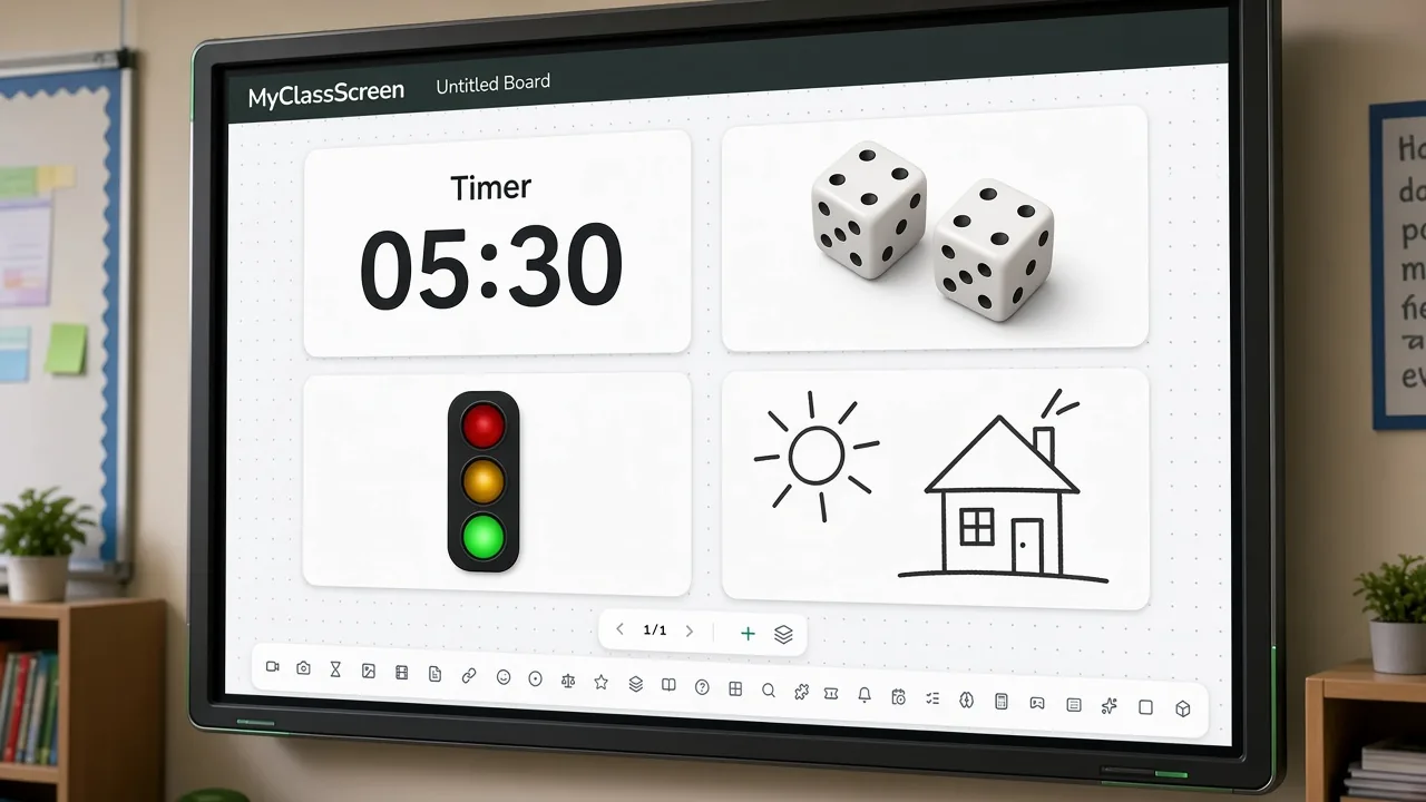Classroom screen tools widget wall with timer, dice, traffic light, and drawing canvas