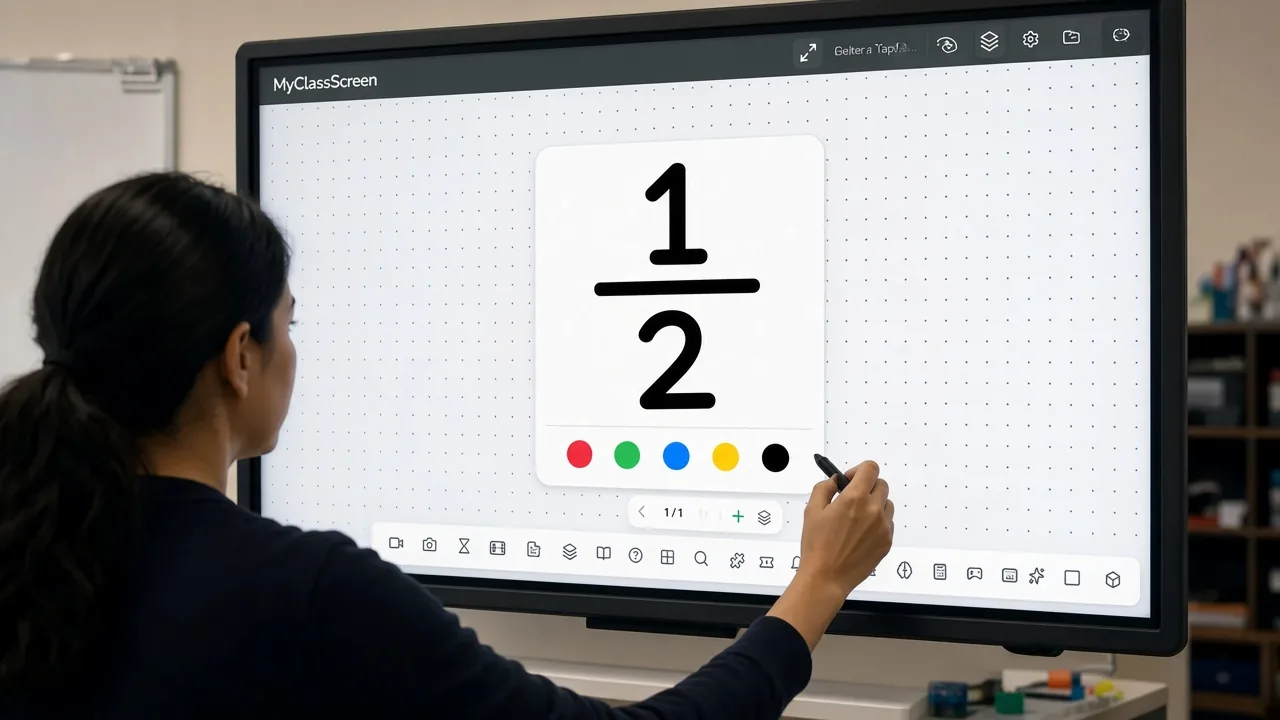 Drawing board among classroom screen tools used to annotate a fraction