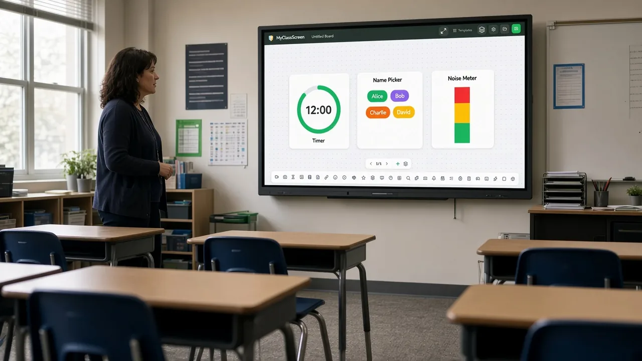 MyClassScreen board on a smart panel with a timer, name picker, and noise meter