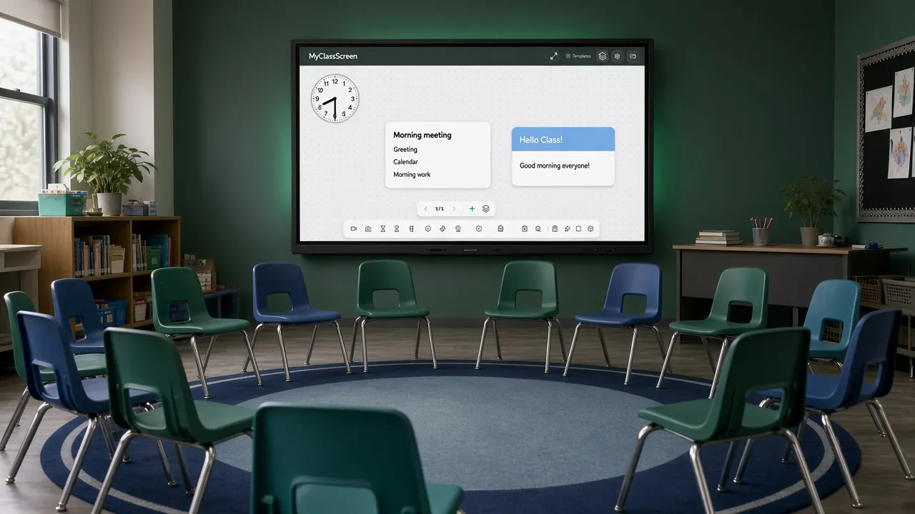 Classroom screen templates for morning meeting: clock, agenda, empty circle of chairs
