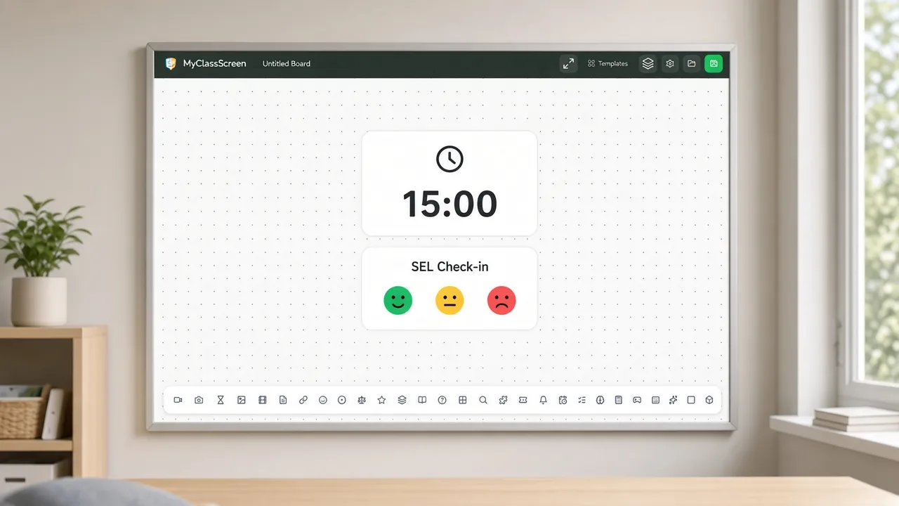 Classroom screen templates for SEL check-in with simple emoji zones