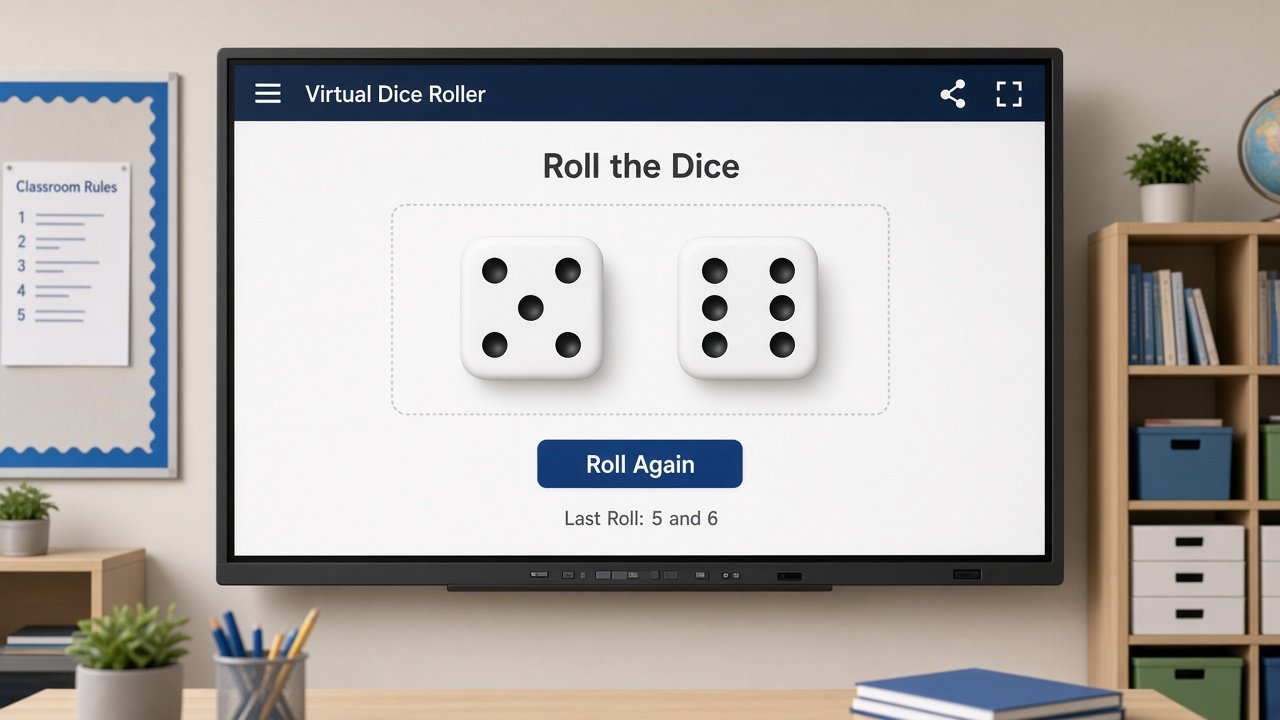 Dice Roller widget projected on a classroom smart board