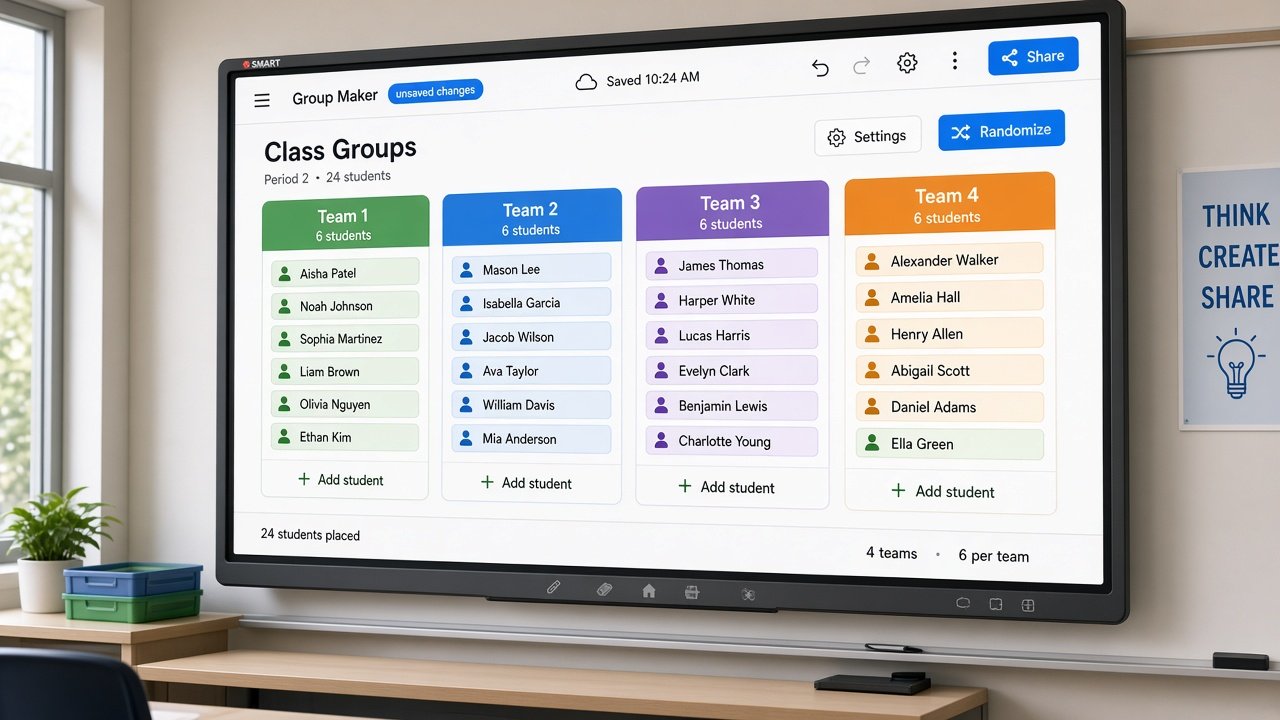 Group Maker widget projected on a classroom smart board