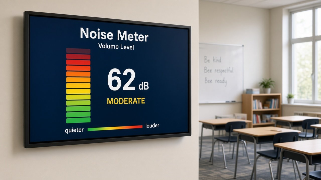 Noise Meter widget projected on a classroom smart board