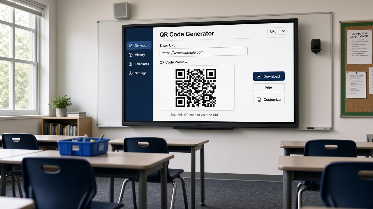 QR code generator widget on a classroom smart board