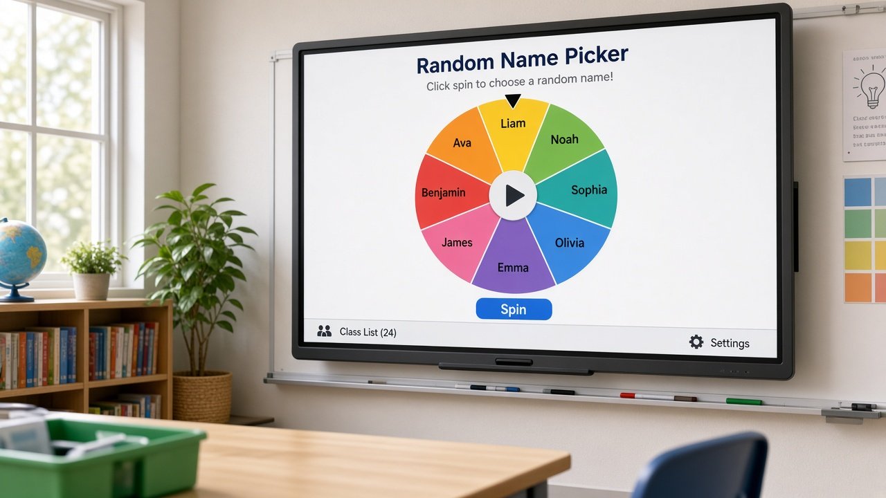 Random Name Picker widget projected on a classroom smart board