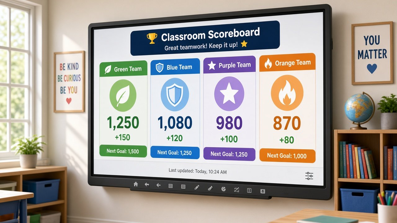Scoreboard widget projected on a classroom smart board