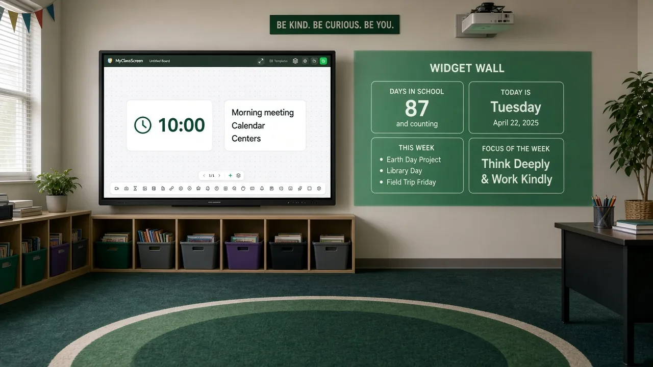 Classroom screen help establishing shot: empty carpet and a projected widget wall